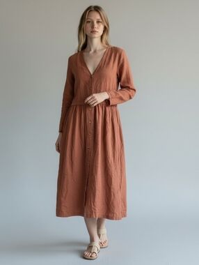 Eileen Fisher Terracotta Long Button-Front Layered Jacket Dress